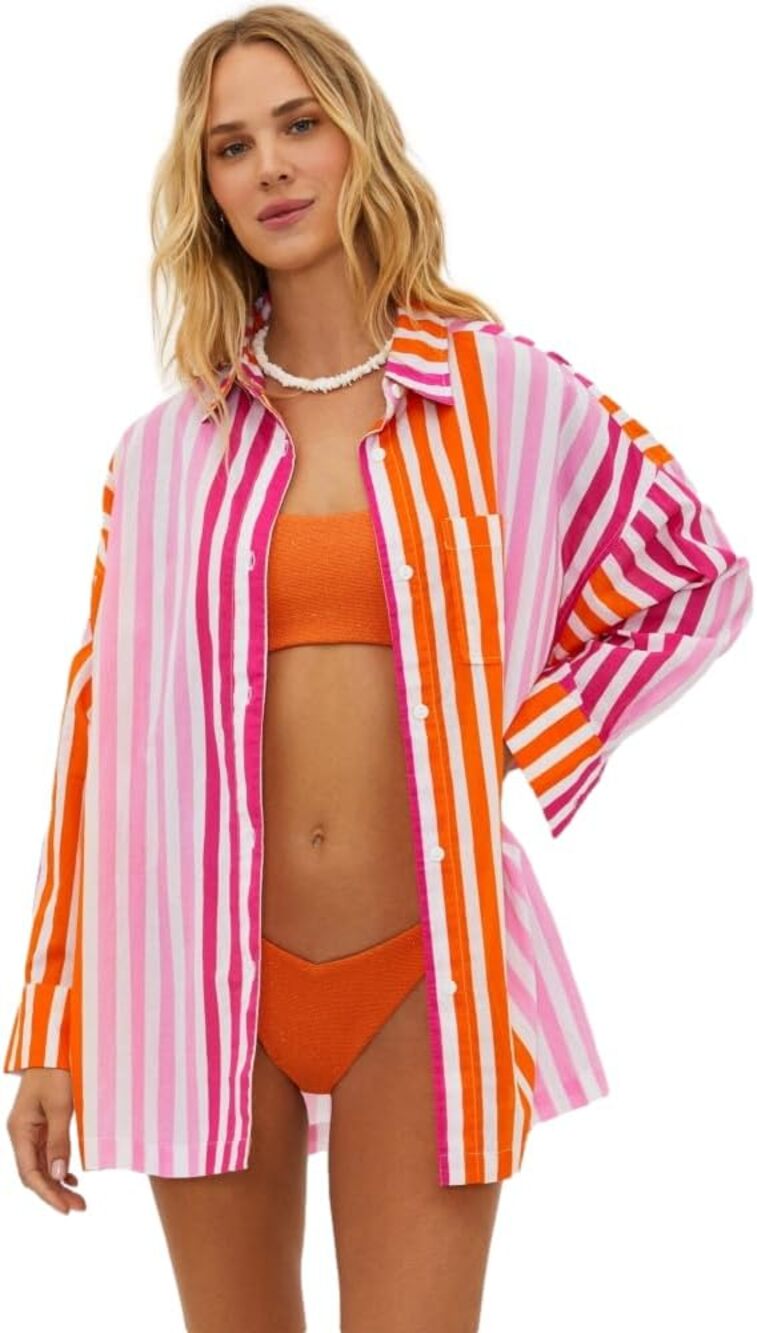 Beach Riot Alexa Multicolored Pink Orange Long Sleeve Button Front Swim Cover